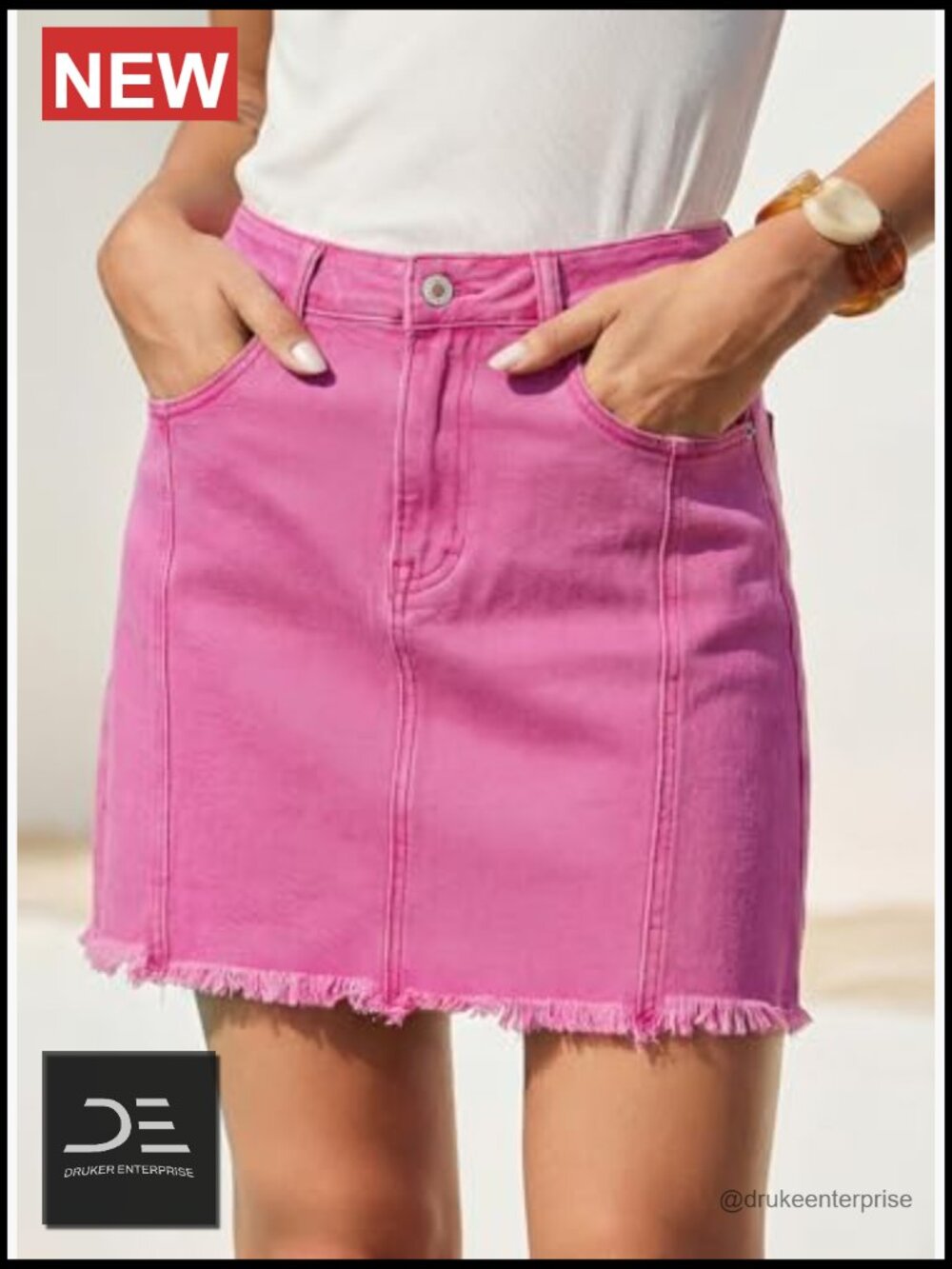 High Waist Stretch Denim Skirt Raw Hem Zip Fly - Picture 5 of 7